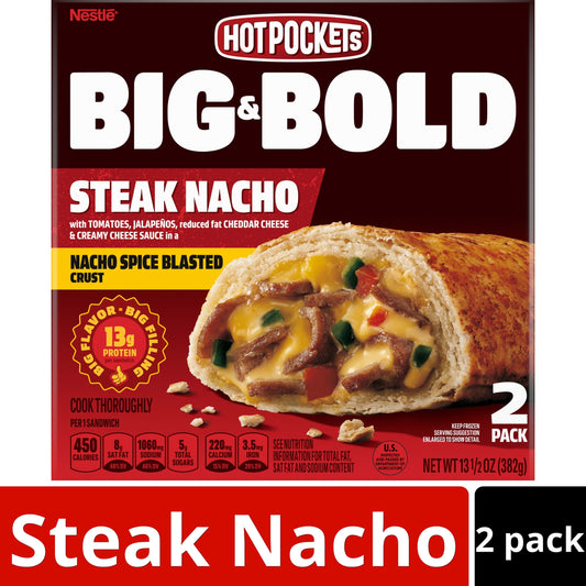 Hot Pockets Frozen Snacks, Big and Bold Steak Nacho, Cheddar Cheese, 2 Giant Sandwiches