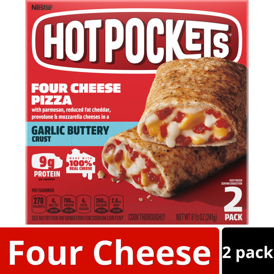 Hot Pockets Frozen Snacks, Four Cheese Pizza Garlic Butter Crust, 2 Regular Sandwiches (Frozen)