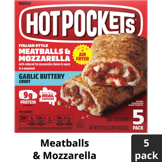 Hot Pockets Frozen Snacks, Meatballs and Mozzarella Cheese, 5 Regular Sandwiches (Frozen)
