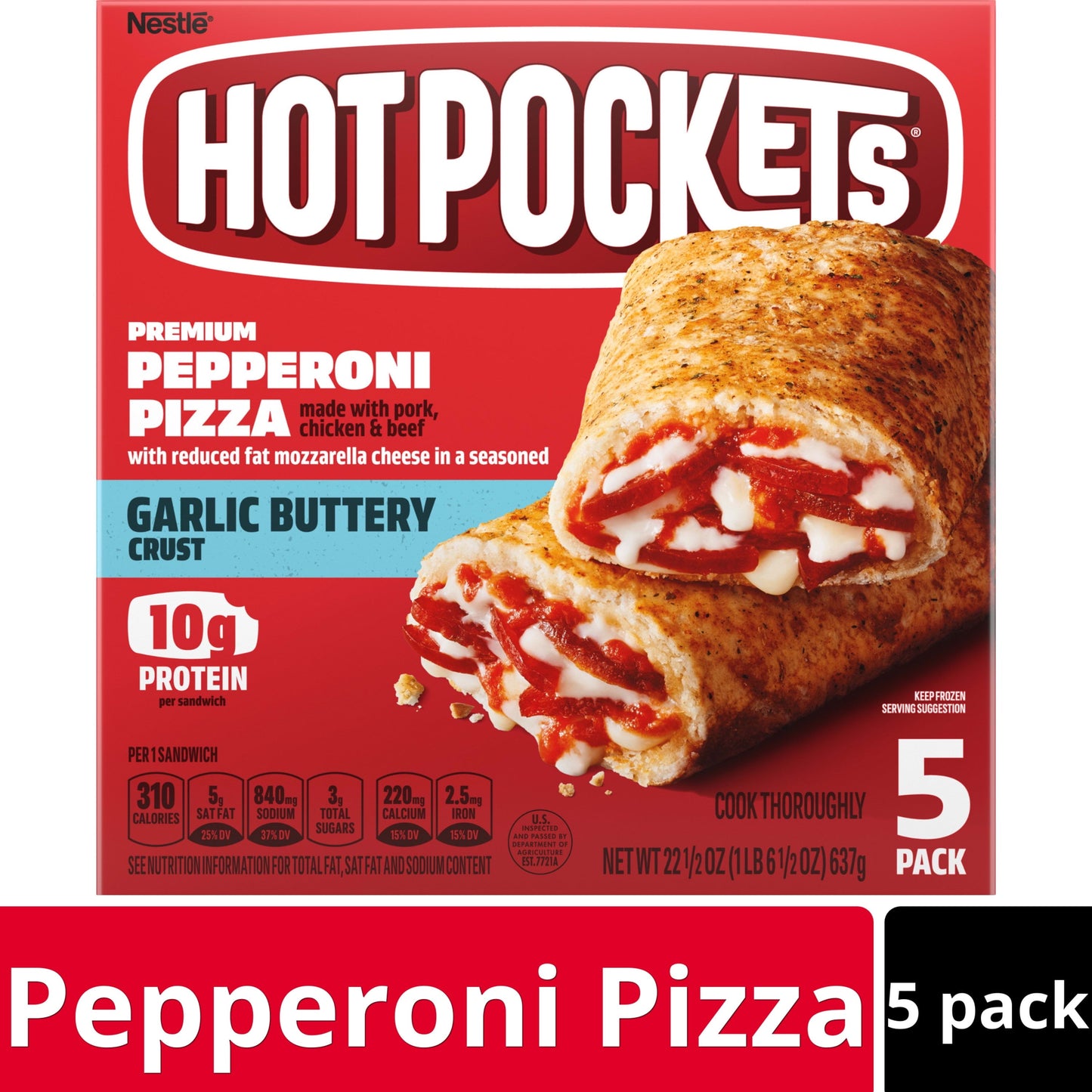 Hot Pockets Frozen Snacks, Pepperoni Pizza Buttery Crust, 5 Regular Sandwiches (Frozen)