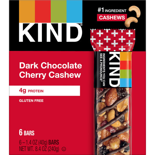 KIND Gluten Free Dark Chocolate Cherry Cashew Snack Bars, 1.4 oz, 6 Count