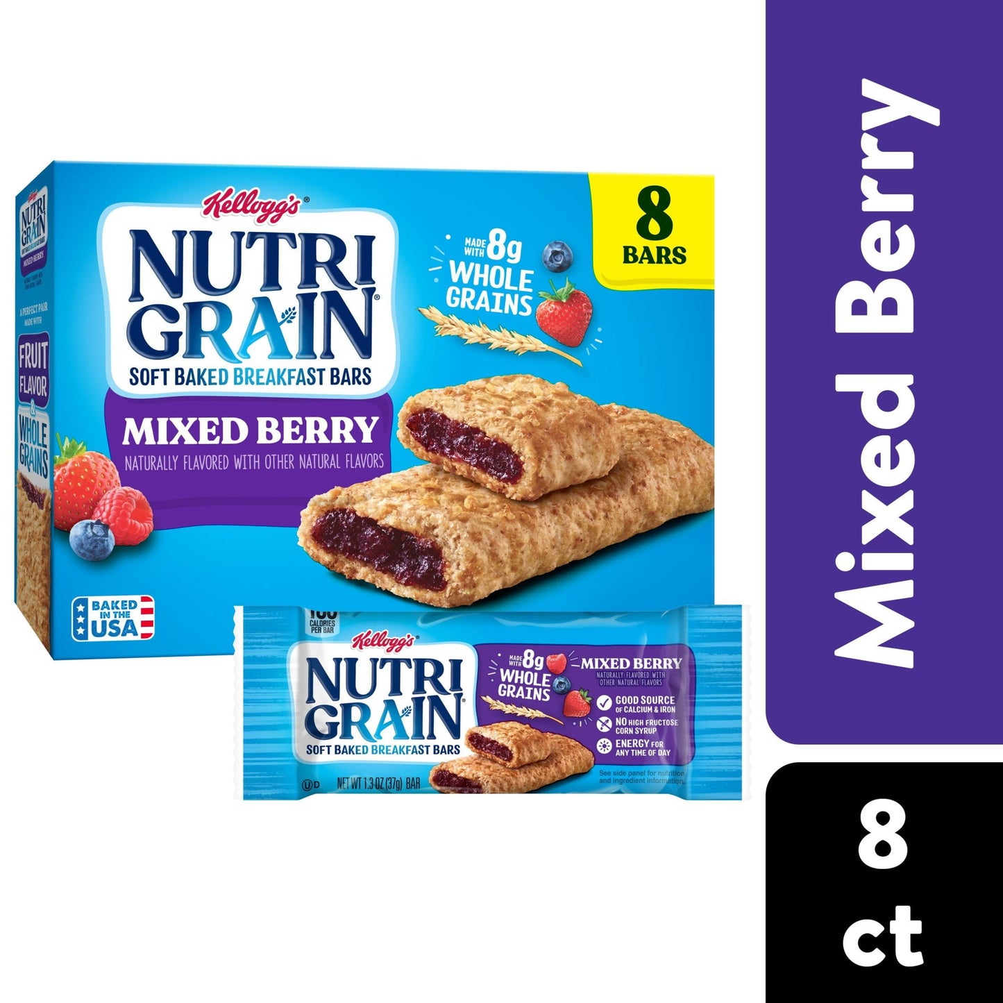 Kellogg's Nutri-Grain Mixed Berry Chewy Soft Baked Breakfast Bars, Ready-to-Eat, 10.4 oz, 8 Count