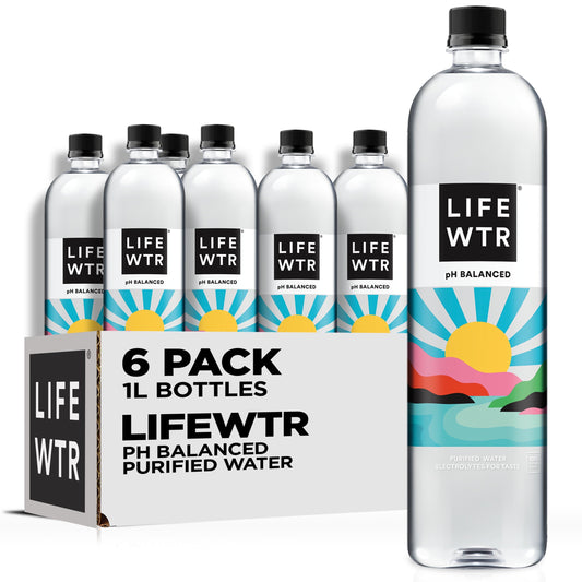 LIFEWTR Purified Water, 1 Liter, 6 Pack Bottles