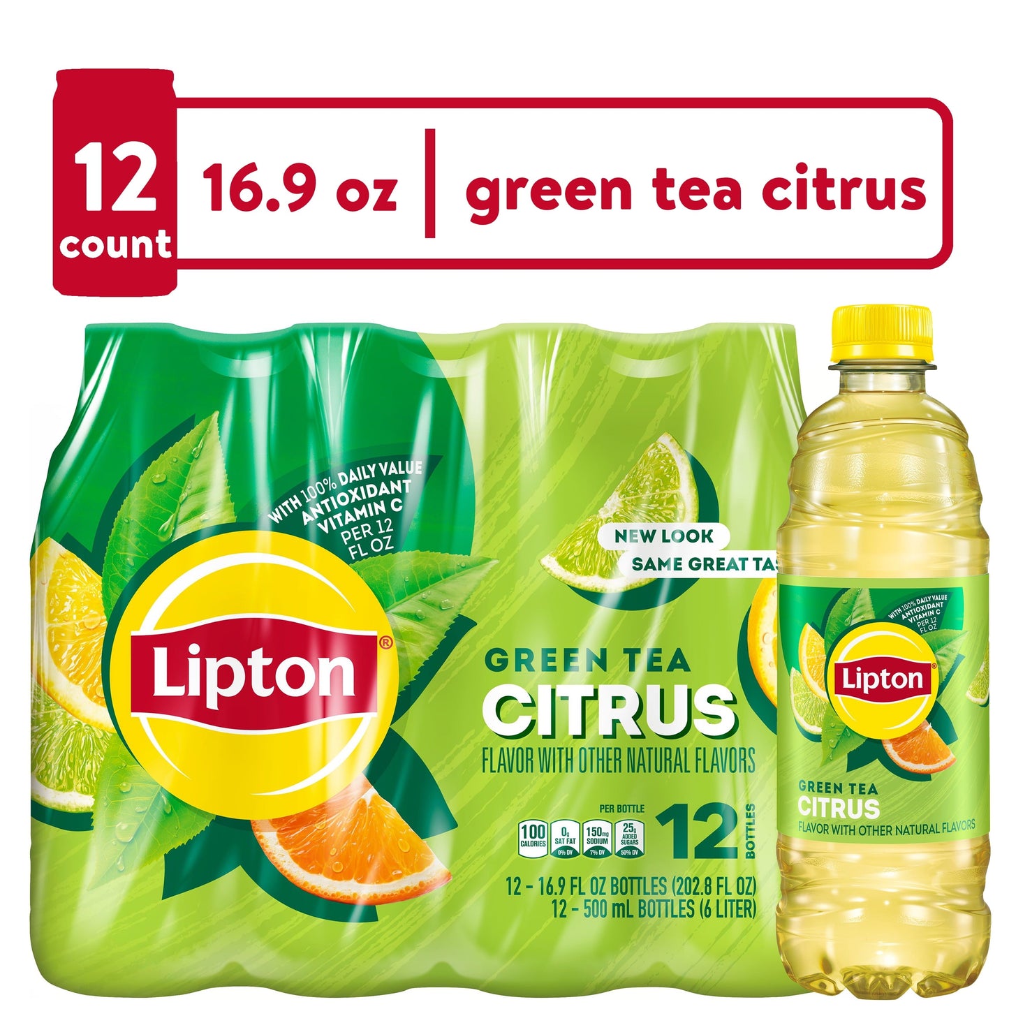 Lipton Iced Green Tea, Citrus Bottle Tea Drink, 16.9 fl oz, 12 Bottles