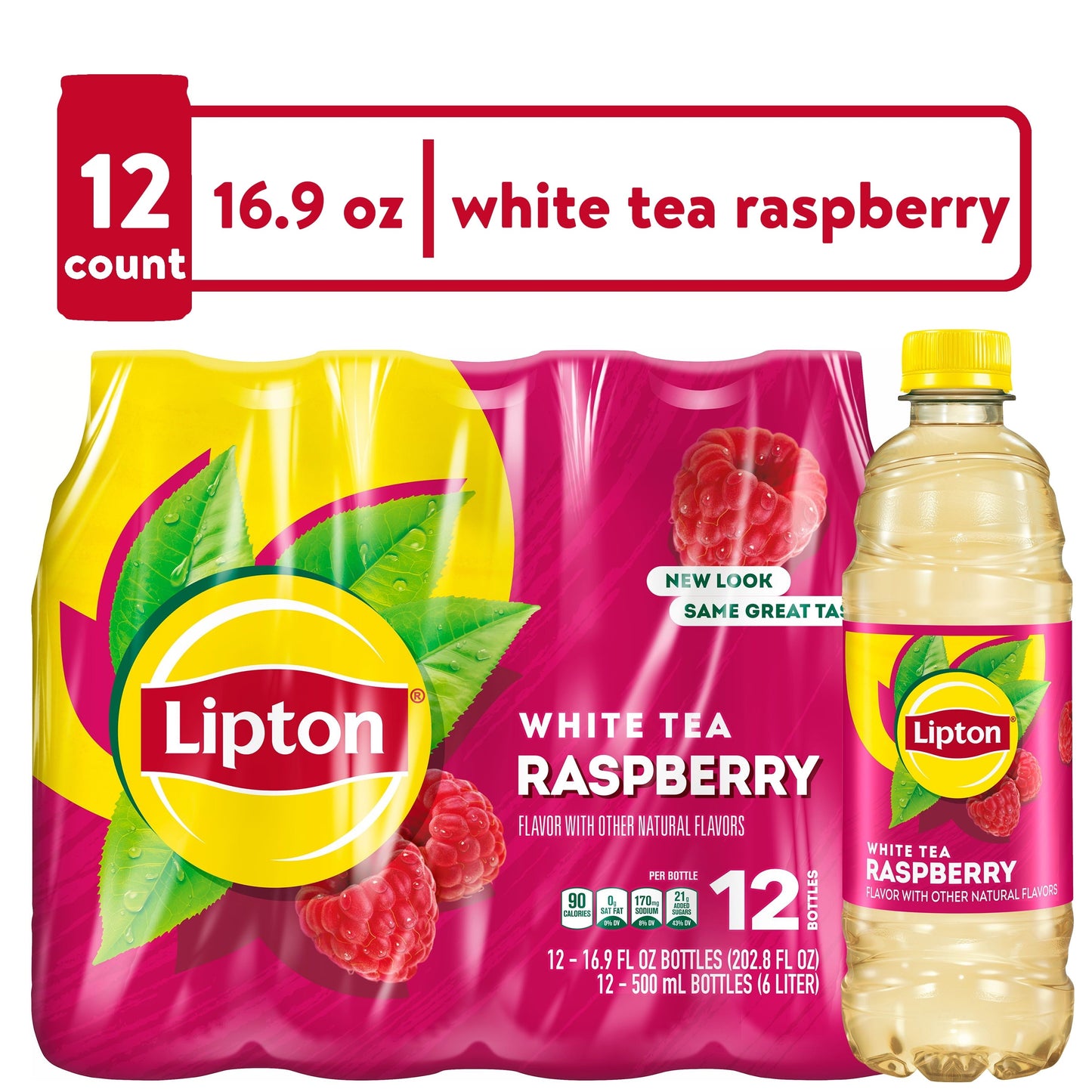 Lipton Iced Tea, Raspberry White Tea, 16.9 fl oz, 12 Bottles
