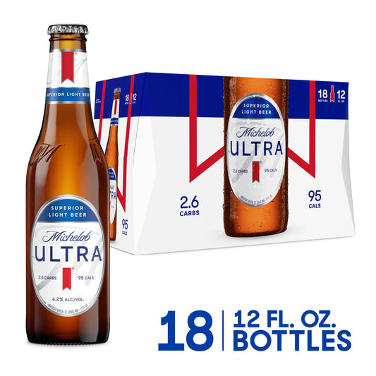 Michelob ULTRA Light Beer, 18 Pack Beer, 12 fl oz Bottles, 4.2% ABV, Domestic