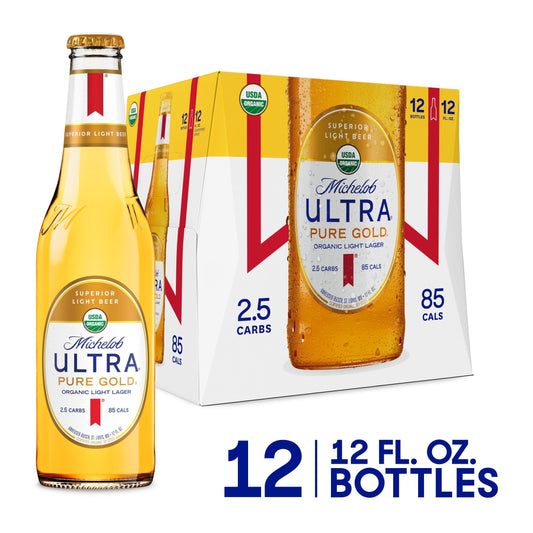 Michelob Ultra Pure Gold Organic Light Lager, 12 Pack Beer, 12 fl oz Bottles, 3.8 % ABV, Domestic