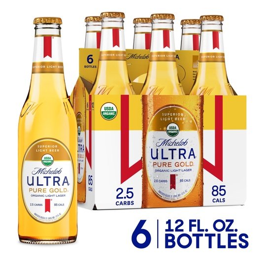 Michelob Ultra Pure Gold Organic Light Lager Beer, 6 Pack, 12 fl oz Bottles, 3.8% ABV, Domestic