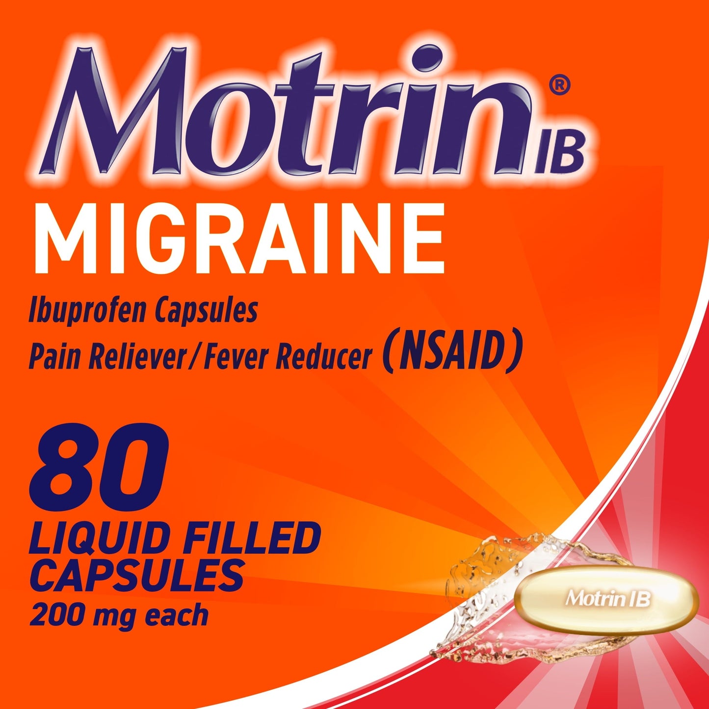 Motrin IB Migraine Relief Liquid Gel Caps, Ibuprofen 200 mg, 80 Ct