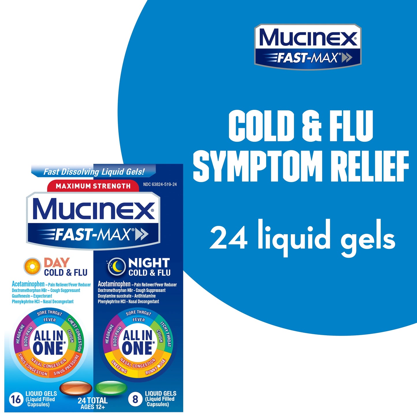 Mucinex All in One Fast Max, Cold and Flu Medicine, Day & Night Combo Pack (16 Day + 8 Night) Liquid Gels