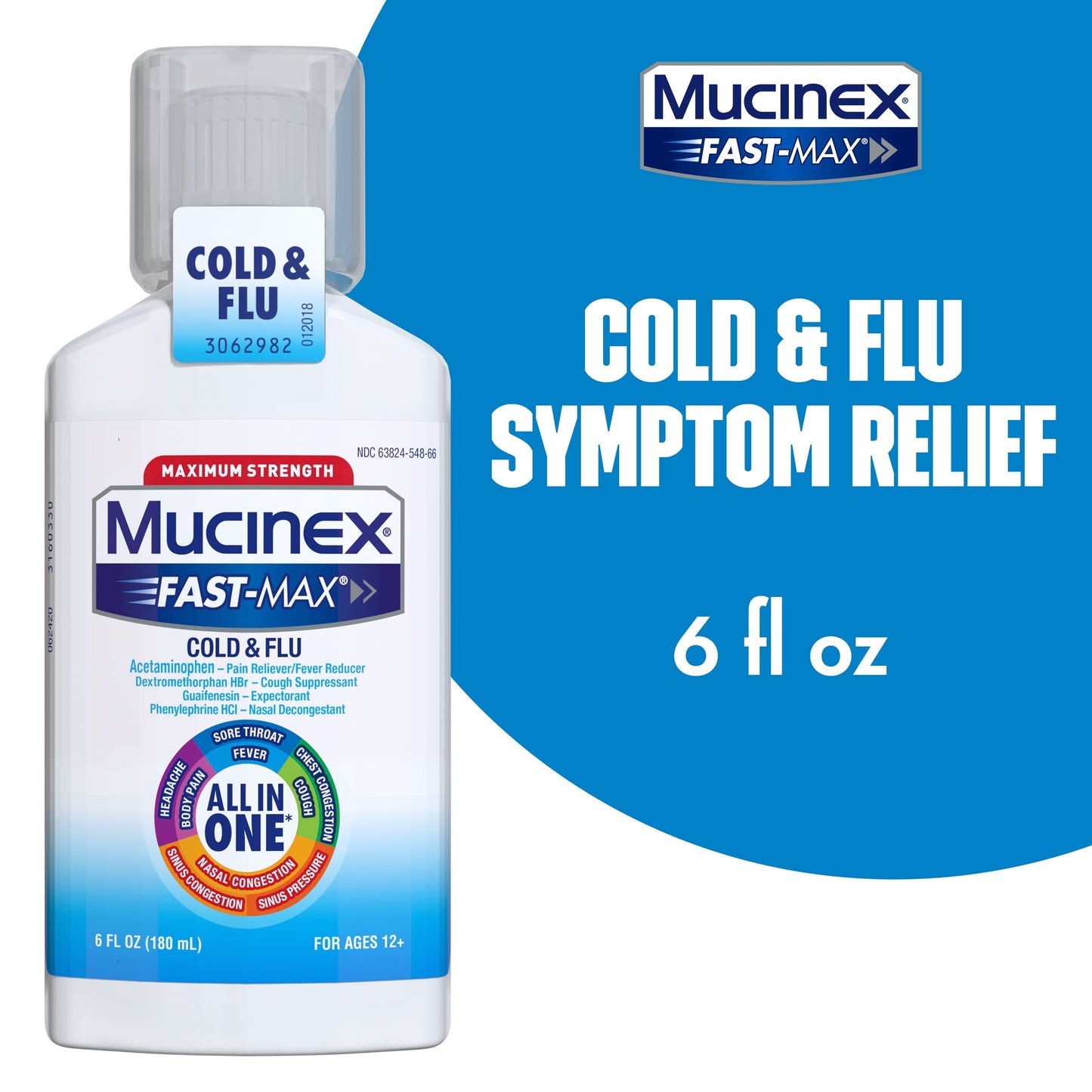 Mucinex All in One Fast Max Maximum Strength Cold and Flu Liquid Medicine, 6 fl oz