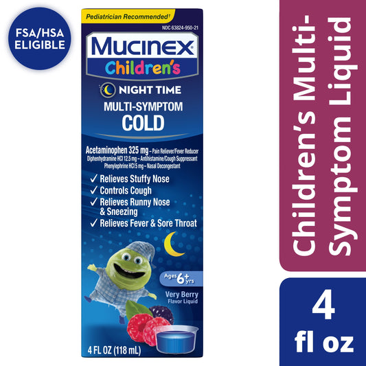 Mucinex Children's Night Time Cold Medicine, Multi-Symptom Relief, Mixed Berry, 4 fl oz