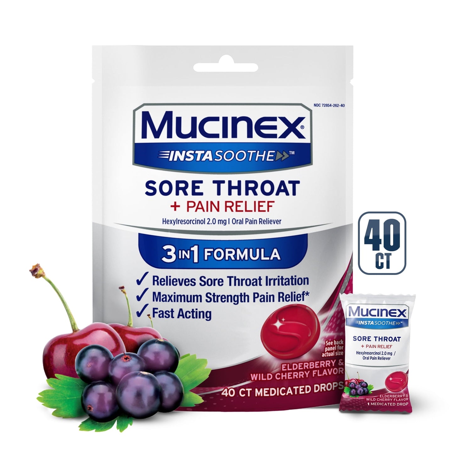 Mucinex Instasoothe Cough Drops, Sore Throat Lozenges, Elderberry & Cherry, 40 Count