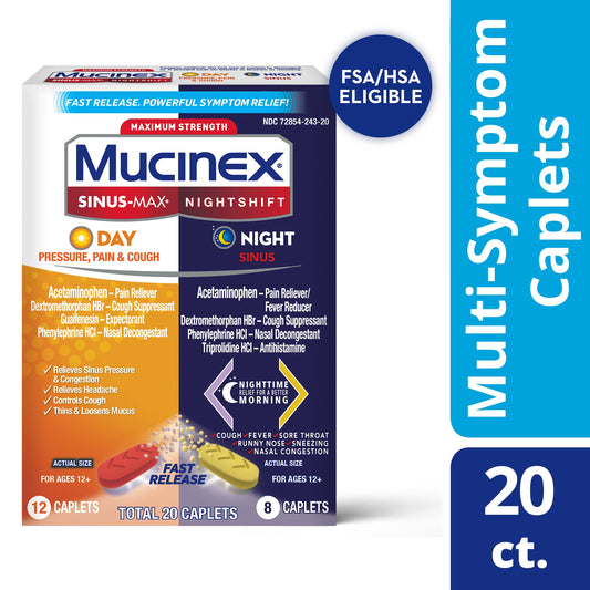 Mucinex Sinus Max Medicine, Max Strength Day & Night Combo Pack, 20 (12 Day + 8 Night) Caplets