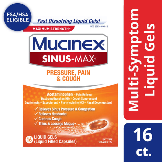 Mucinex Sinus Max Medicine, Pressure, Pain & Cough, 16 Liquid Gels