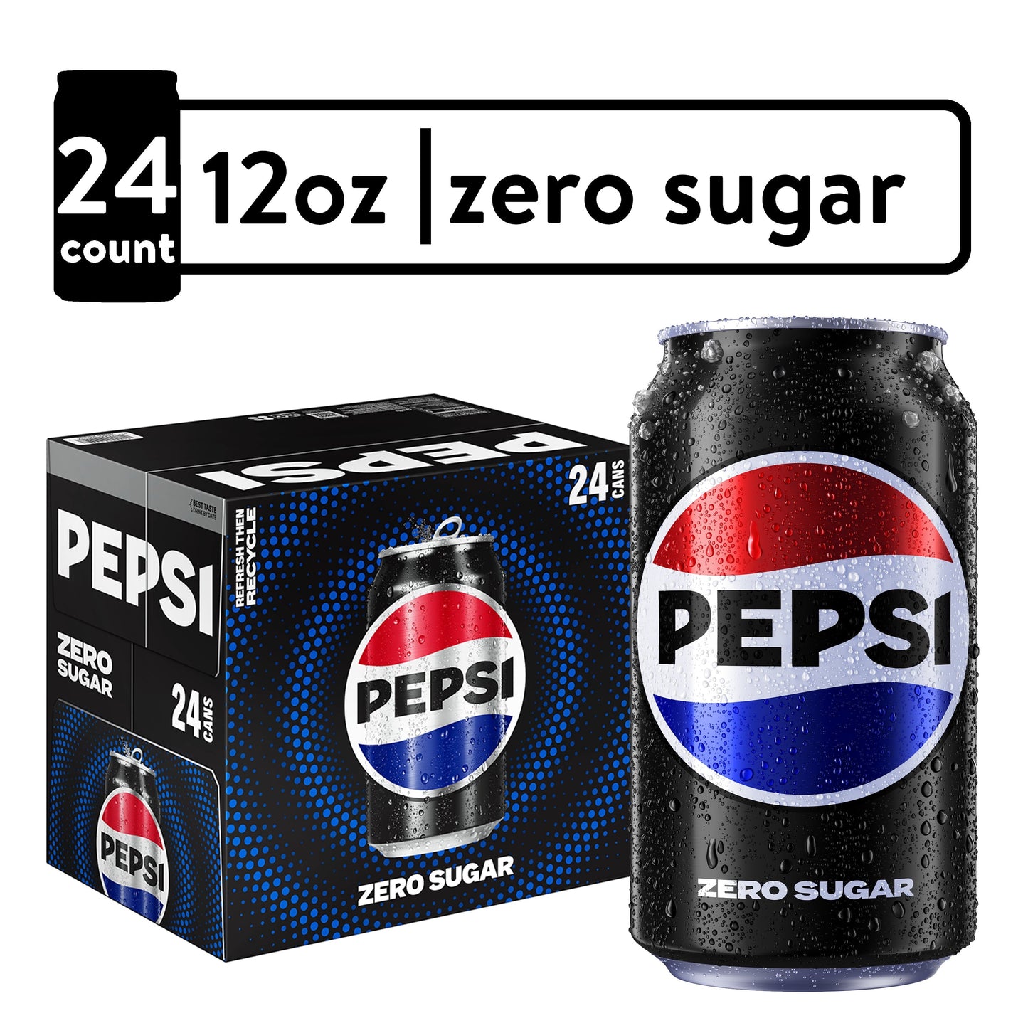 Pepsi Cola Zero Sugar Soda Pop, 12 oz, 24 Pack Cans