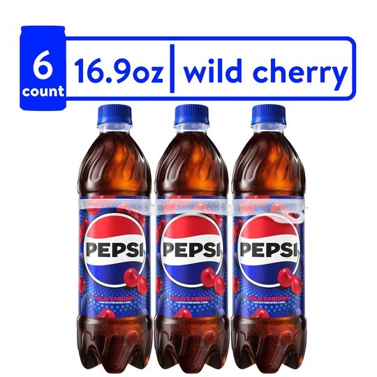 Pepsi Wild Cherry Cola Soda Pop, 16.9 fl oz, 6 Pack Bottles