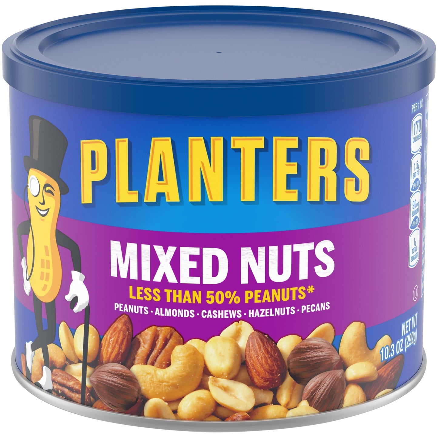 Planters Mixed Nuts Less Than 50% Peanuts with Peanuts, Almonds, Cashews, Hazelnuts & Pecans, 10.3 oz Canister