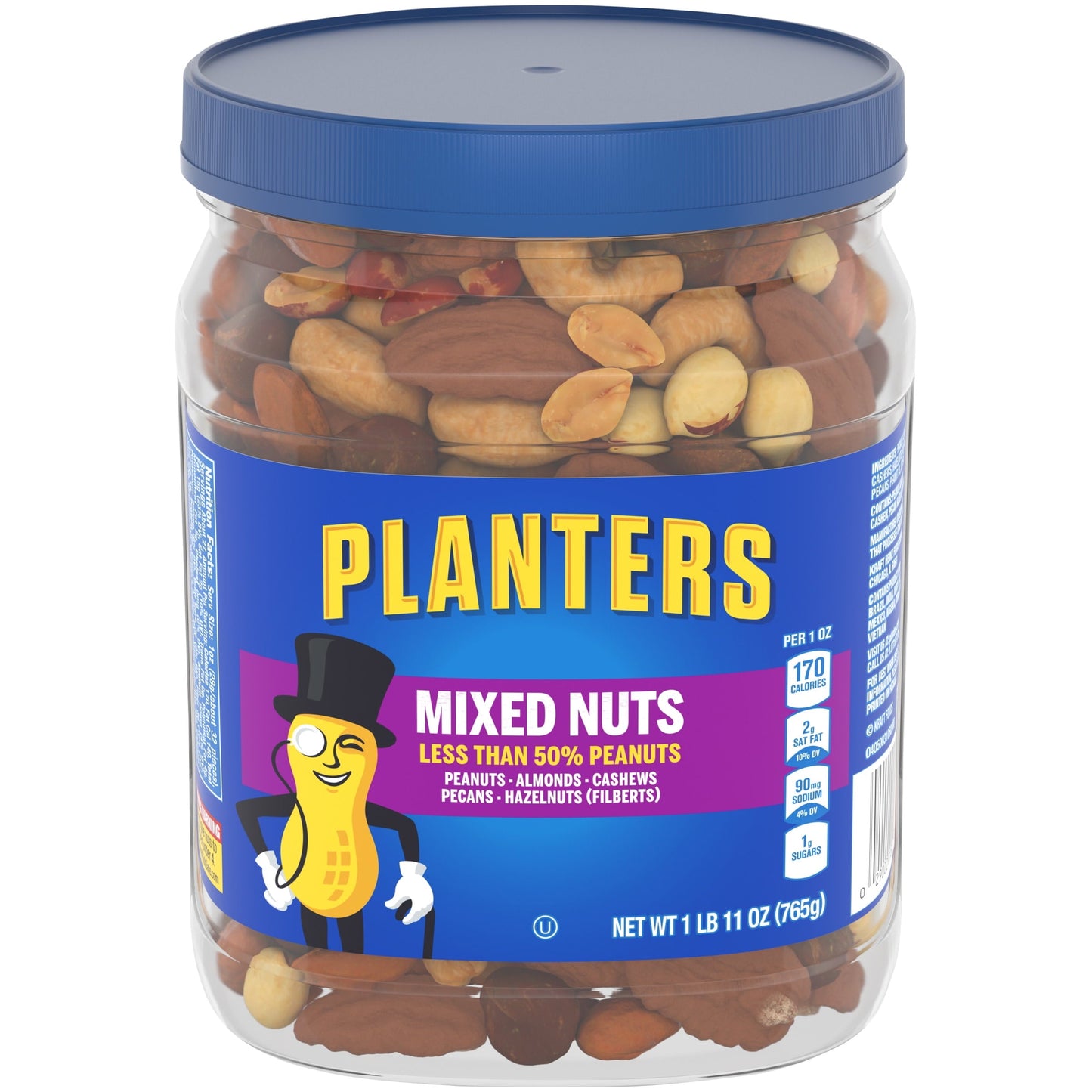 Planters Mixed Nuts Less Than 50% Peanuts with Peanuts, Almonds, Cashews, Pecans & Hazelnuts, 1.69 lb Container