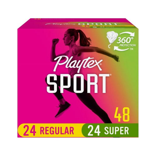 Playtex Sport Multi-Pack Regular And Super Plastic Applicator Unscented Tampons, 48 Ct Total, 360 Degree Sport Level Period Protection, Traps Leaks, No-Slip Grip Applicator, Moves With You