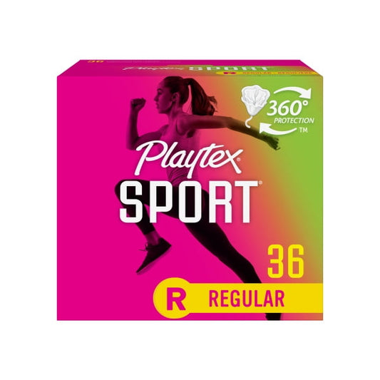 Playtex Sport Regular Plastic Applicator Unscented Tampons, 36 Ct, 360 Degree Sport Level Period Protection, Traps Leaks, No-Slip Grip Applicator, Moves With You