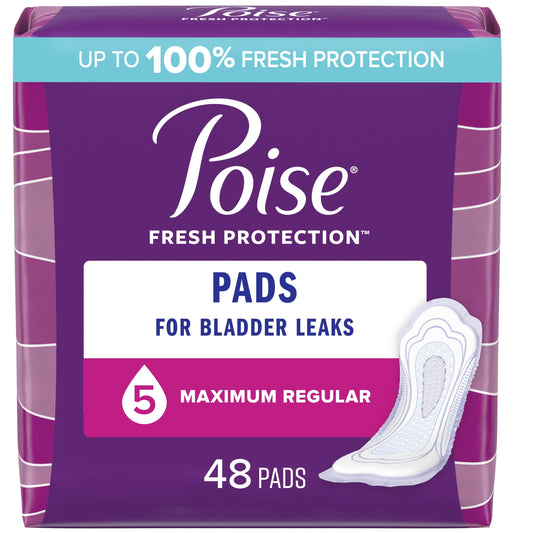Poise Incontinence Pads for Women, 5 Drop, Maximum Absorbency, Regular, 48Ct