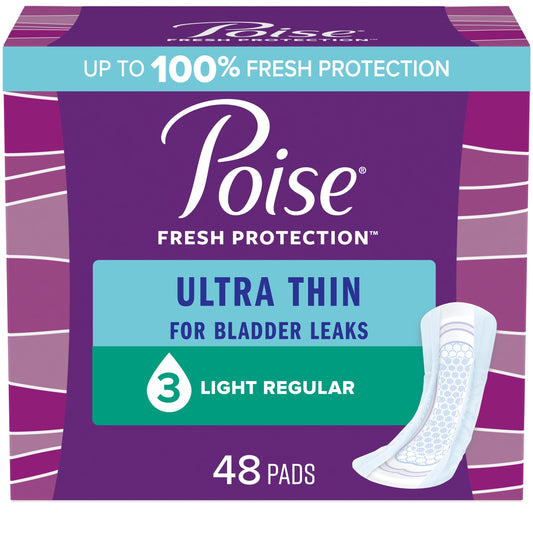 Poise Ultra Thin Incontinence Pads for Women, 3 Drop, Light Absorbency, Regular, 48Ct