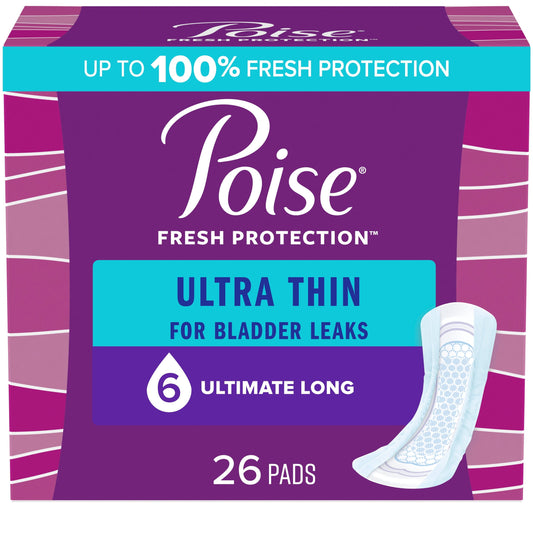 Poise Ultra Thin Incontinence Pads for Women, 6 Drop, Ultimate Absorbency, Long, 26Ct
