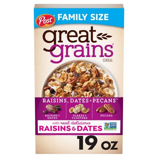 Post Great Grains Raisins, Dates & Pecans Breakfast Cereal, Non GMO Project Verified, Heart Healthy, Low Fat, Whole Grain Cereal, 19 Ounce