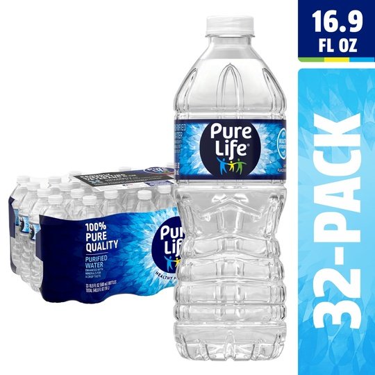 Pure Life Purified Water, 16.9 Fl Oz / 500 mL, Plastic Bottled Water (32 Pack)