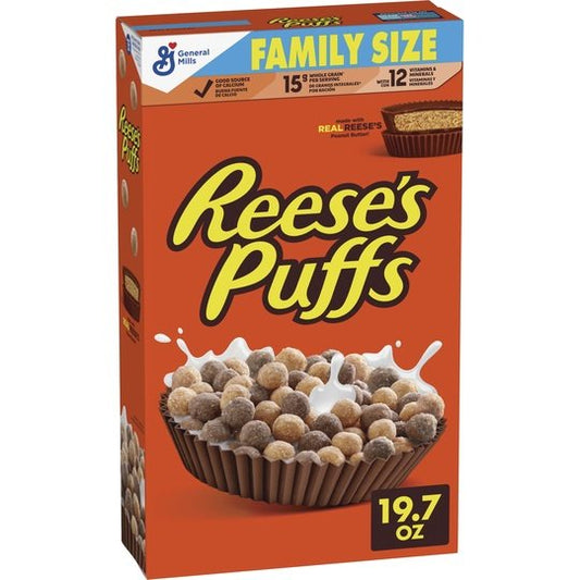 REESEâS PUFFS Chocolatey Peanut Butter Cereal, Kid Breakfast Cereal, Family Size, 19.7 oz