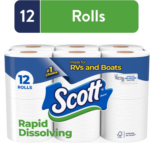 Scott Rapid-Dissolving Toilet Paper for RVs & Boats, 12 Double Rolls, 231 Sheets Per Roll (2,772 Total)