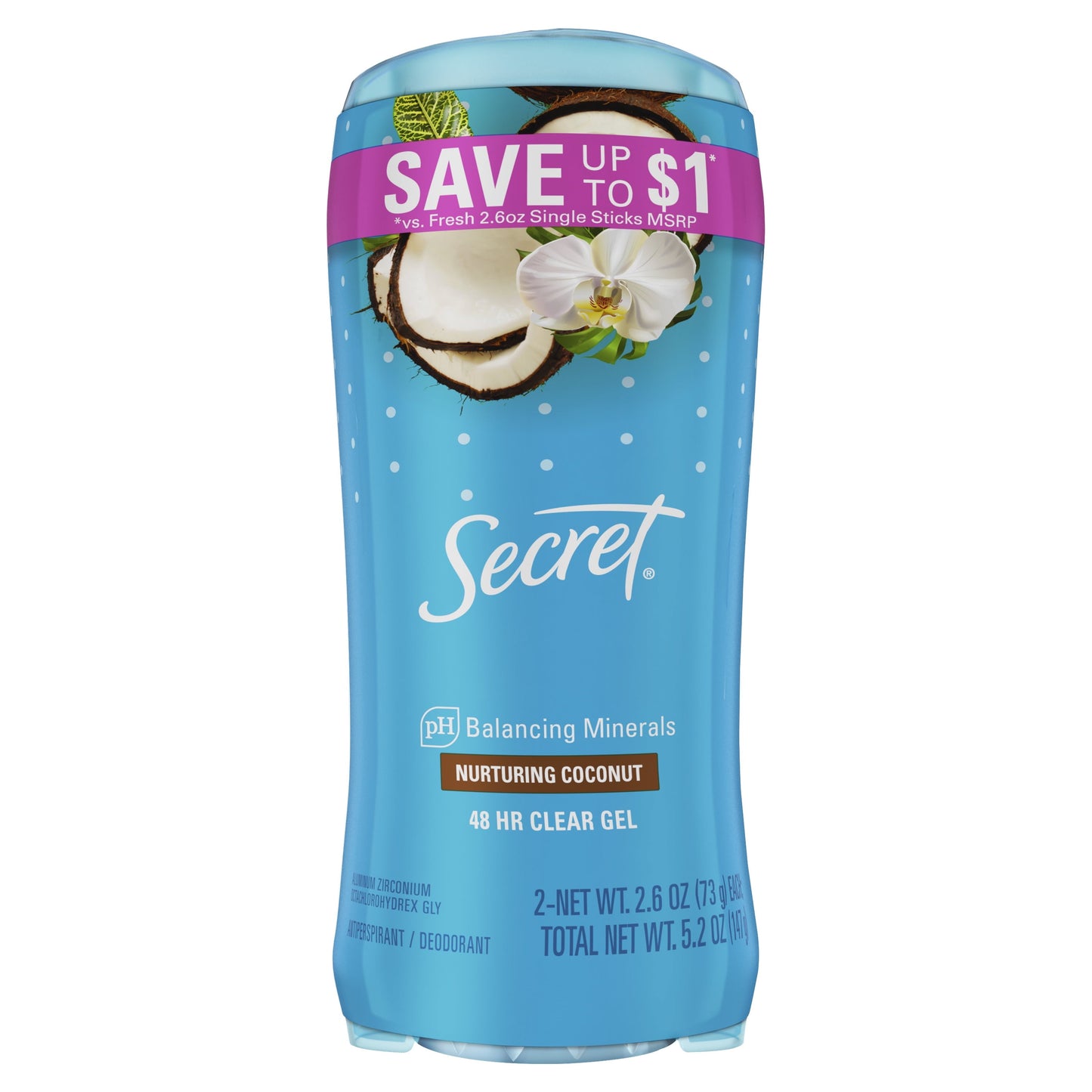 Secret Fresh Clear Gel Antiperspirant and Deodorant for Women, Coconut Scent, 2.6 oz each, Pack of 2