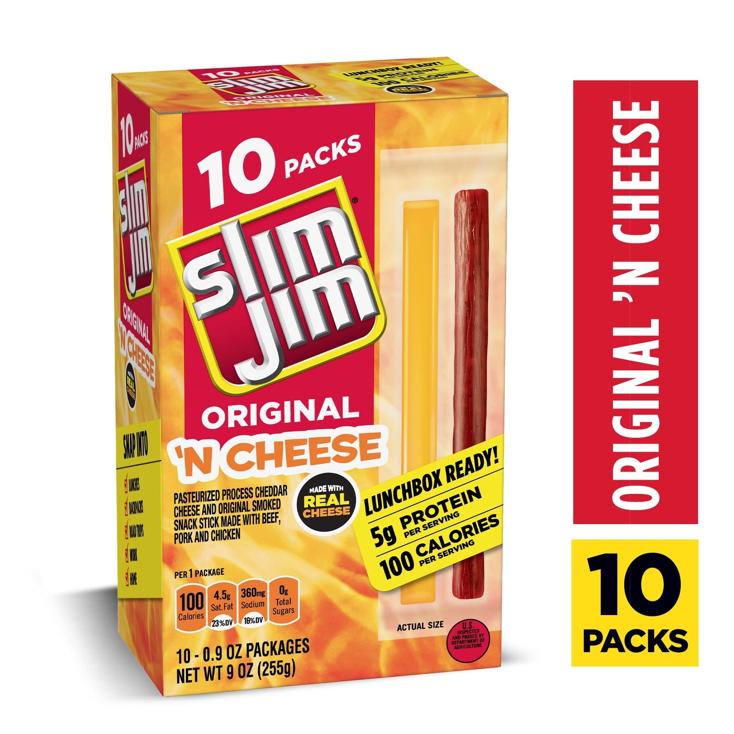 Slim Jim Original 'N Cheese Smoked Meat Snacks, 0.9 oz, 10 Count Box