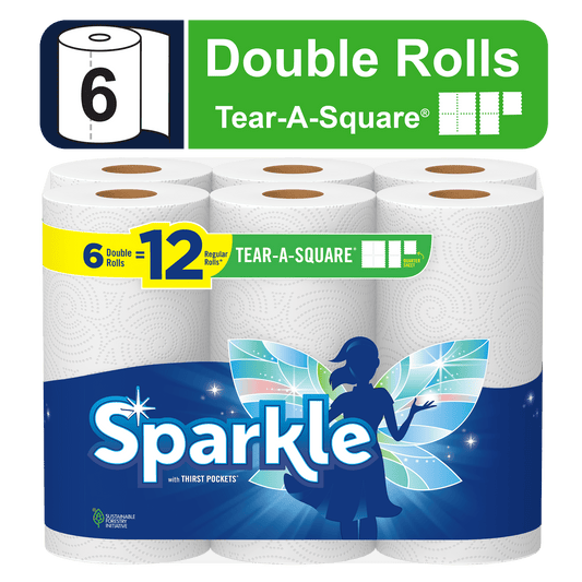 Sparkle Tear-a-Square Paper Towels, White, 6 Double Rolls