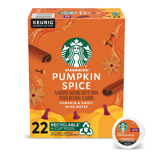 Starbucks K-Cup Coffee Pods, Pumpkin Spice Naturally Flavored Coffee for Keurig Brewers, 100% Arabica, Limited Edition, 1 Box (22 Pods)
