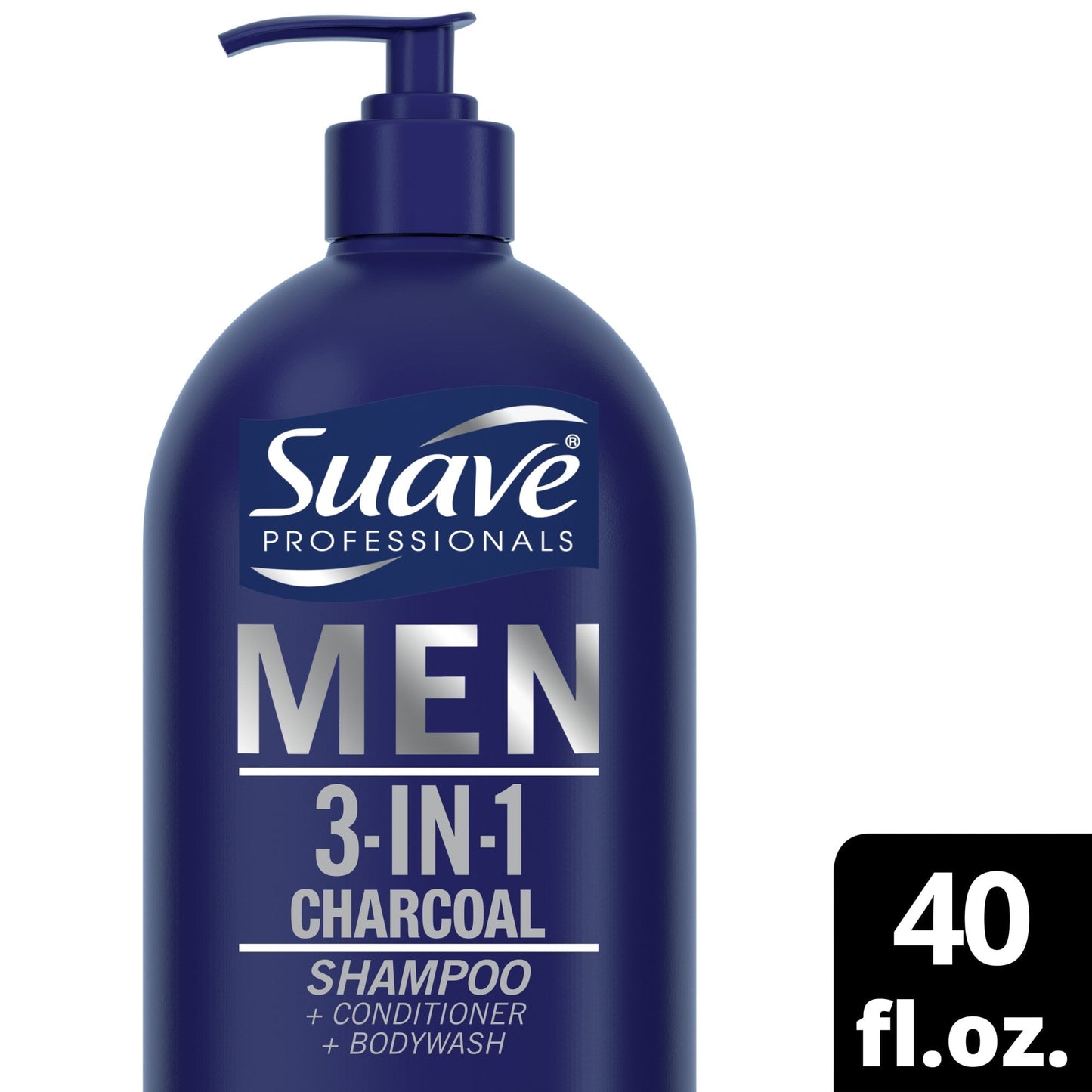 Suave Professionals 3-in-1 Shampoo, Conditioner & Body Wash for Men all Hair Types with Charcoal, 40 oz