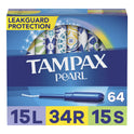 Tampax Pearl Tampons Trio Multipack with LeakGuard Braid, Light/Regular/Super Absorbency, 64 Ct