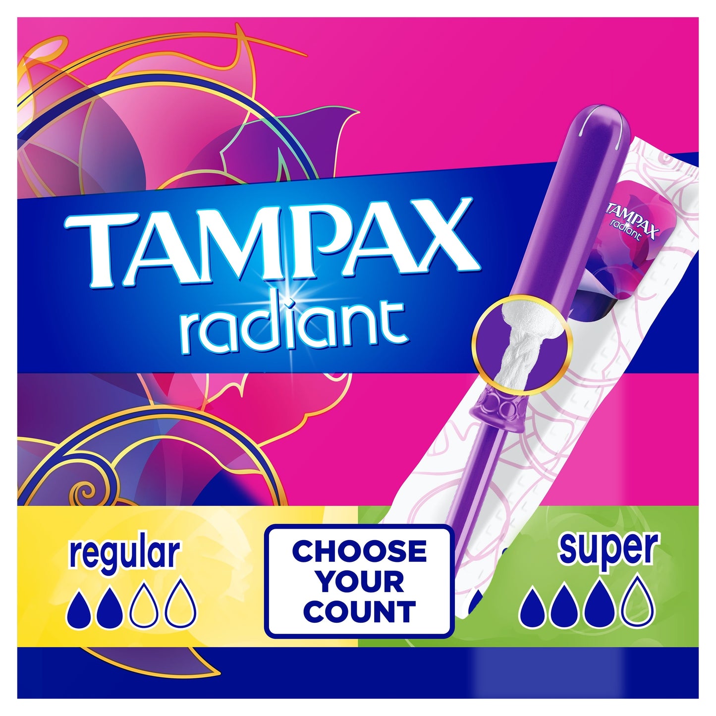 Tampax Radiant Tampons Duo Pack with LeakGuard Braid, Regular/Super Absorbency, 28 Ct