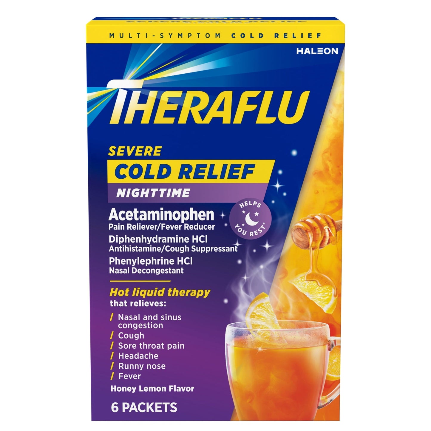 Theraflu Severe Cough Cold and Flu Nighttime Relief Medicine Powder, White Tea and Honey Lemon, 6 Count