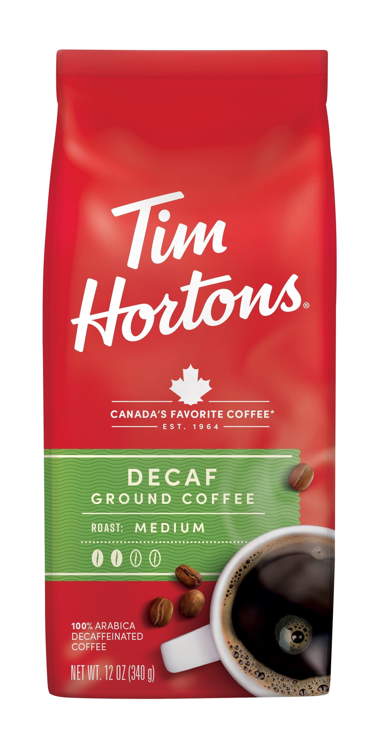 Tim Hortons Decaf Ground Coffee, 100% Arabica Medium Roast, Naturally Decaffeinated, 12 oz