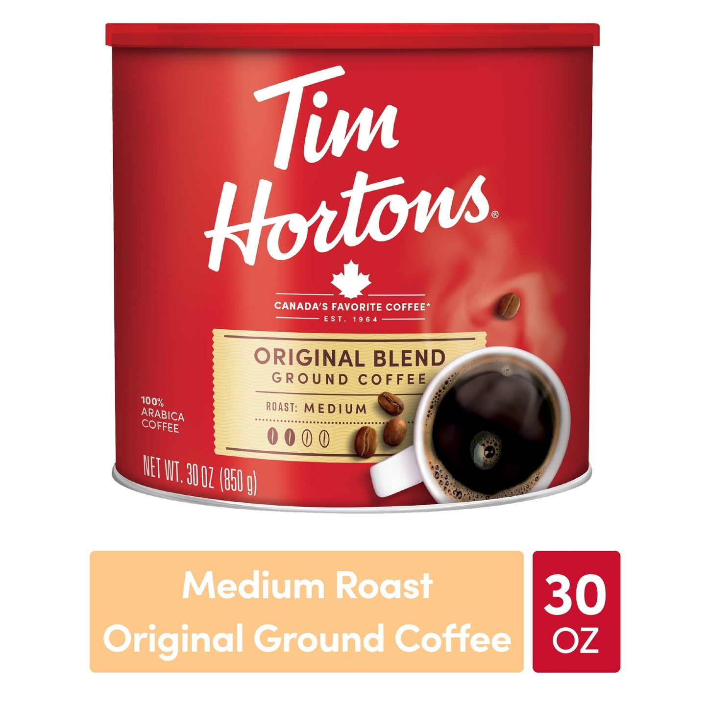 Tim Hortons Original Blend Ground Coffee, 100% Arabica Medium Roast, 30 oz Canister