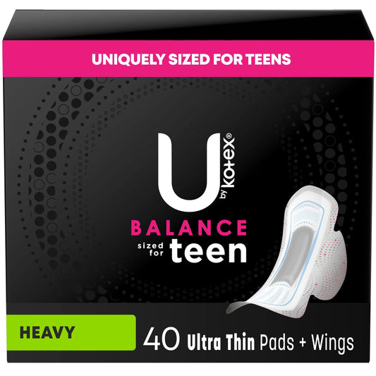 U by Kotex Balance Sized for Teens Ultra Thin Pads with Wings, Heavy Absorbency, 40 Count