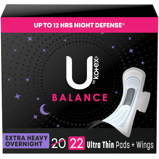 U by Kotex Balance Ultra Thin Overnight Pads with Wings, Extra Heavy Absorbency, 22 Count