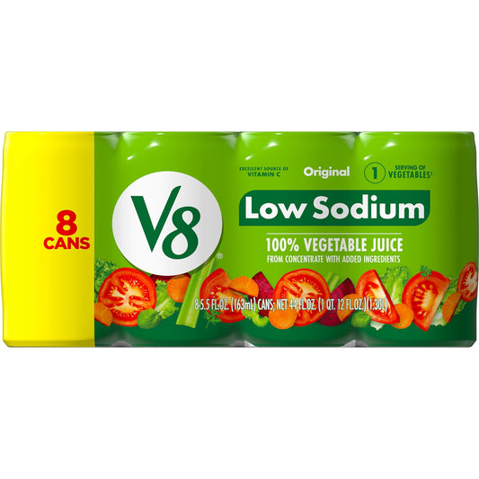 V8 Low Sodium Original 100% Vegetable Juice, 5.5 fl oz Can (Pack of 8)