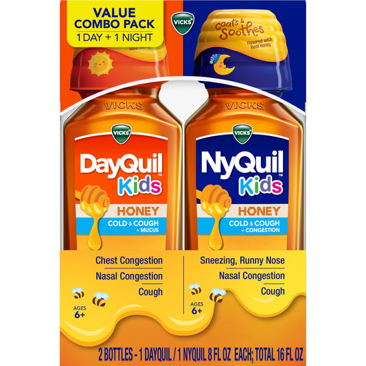 Vicks DayQuil Kids & NyQuil Kids Cold & Cough Relief LIquid, Over-the-Counter Medicine, Honey, 2x8 oz