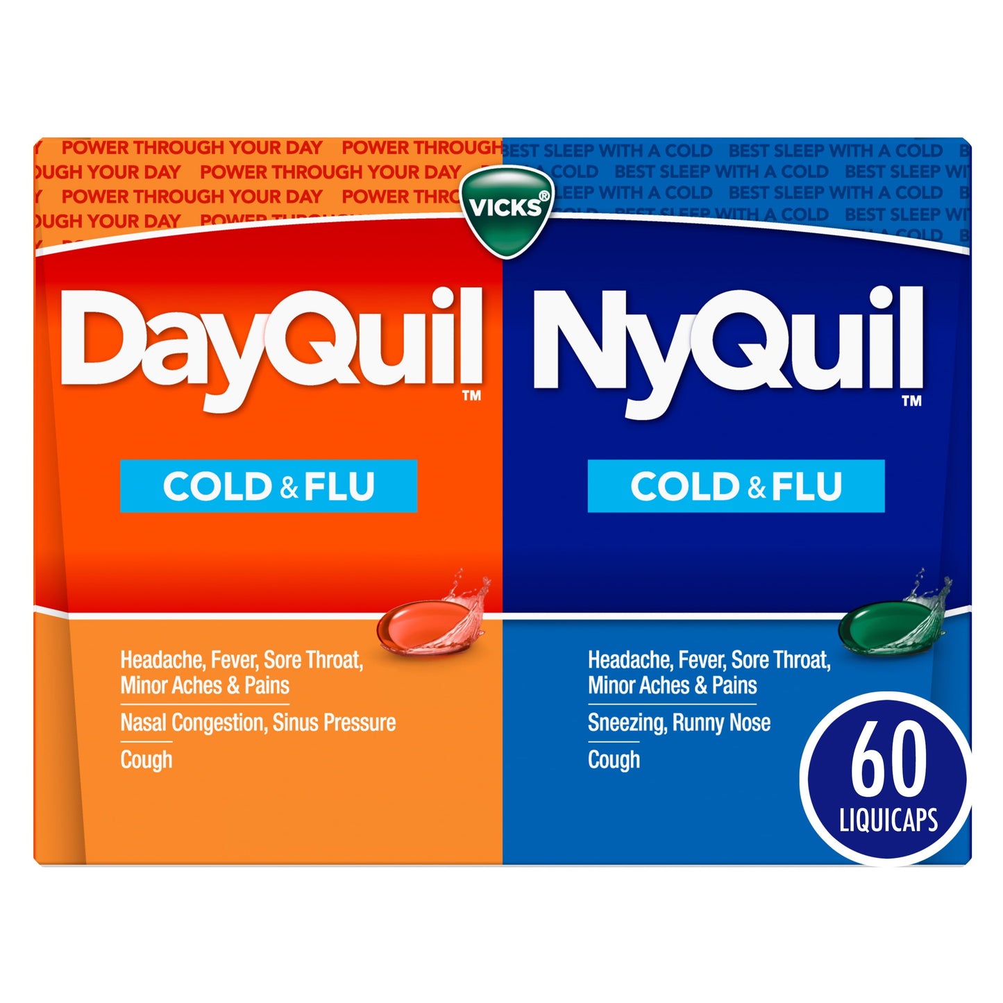 Vicks DayQuil and NyQuil Cold, Cough and Flu Liquicaps, Over-the-Counter Medicine, 60 Ct