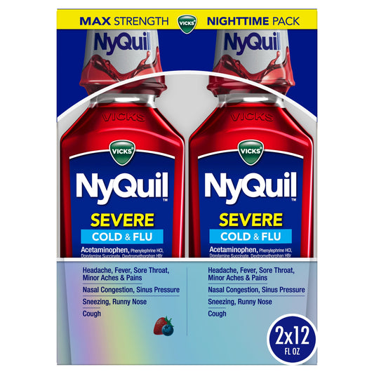 Vicks NyQuil Severe Cold & Flu Liquid, Nighttime Relief, over-the-Counter Medicine, Berry, 2x12 oz