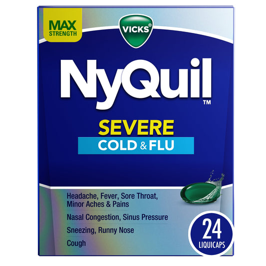 Vicks NyQuil Severe Liquicaps, Nighttime Cold, Cough & Flu Relief, Over-the-Counter Medicine, 24 Ct