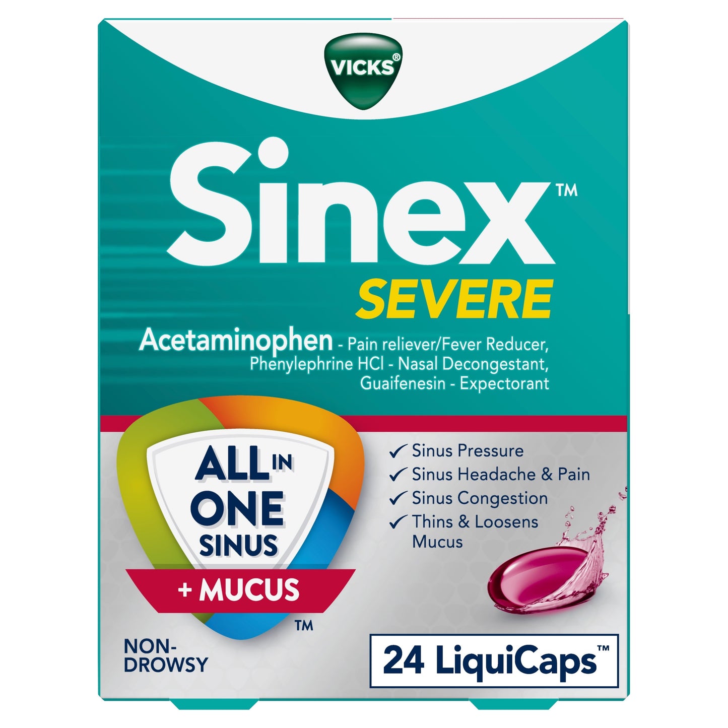 Vicks Sinex Severe LiquiCaps, Non-Drowsy Mucus +Sinus Relief, Over-the-Counter Medicine, 24 Ct